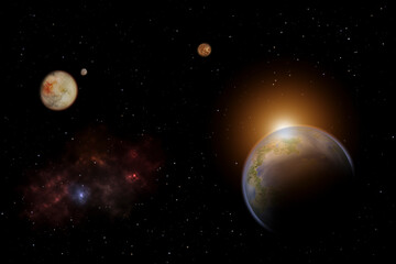 Artist's concept / illustration: Distant solar system with Earth-like planet as well as non-habitable planets, moon, nebula and star field. 