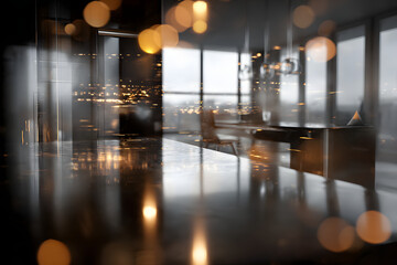 Sleek modern office interior with city lights reflection and warm bokeh creating an elegant, sophisticated atmosphere for business success.