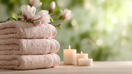 Cozy spa ambiance with soft towels, candles, and magnolia flowers