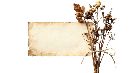 Rustic parchment and dried flowers create an elegant, vintage styled stationery design element