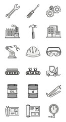 Monochrome Industrial Manufacturing Tools, Factory Equipment, and Safety Gear Line Art Icons.
