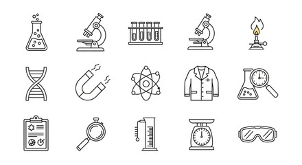Fototapeta premium Monochromatic Line Art Science Lab Equipment Icons Set - Flasks, Microscopes, DNA, Magnets, Atoms, Beakers, Goggles.