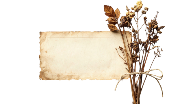 Rustic parchment and dried flowers create an elegant, vintage styled stationery design element