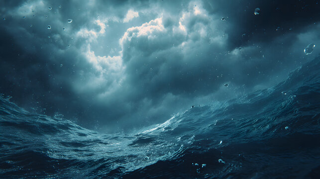 Dramatic dark storm clouds gather over turbulent ocean waves with rain drops creating atmospheric intensity for powerful concepts