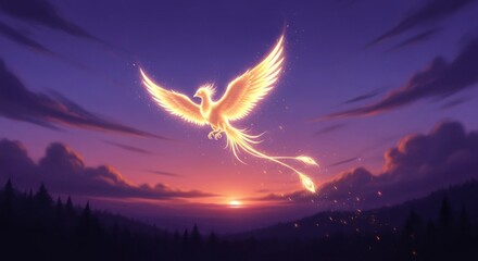 Glowing phoenix soaring across vibrant sunset sky illustration art