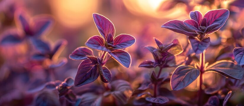 Close-up of purple-tinged plant leaves illuminated by warm light, soft bokeh background
