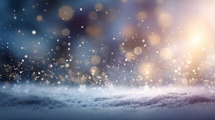 Sparkling winter wonderland with gentle snowfall and warm golden bokeh lights creating a magical, festive atmosphere for holiday celebrations.