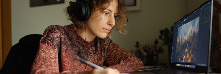A dedicated artist works on digital art using a laptop, showcasing a blend of concentration, creativity, and modern technology essential for contemporary artistry.