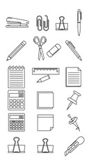 Outlined Office Supplies Collection - Stapler, Paperclips, Scissors, Pencils, and More.