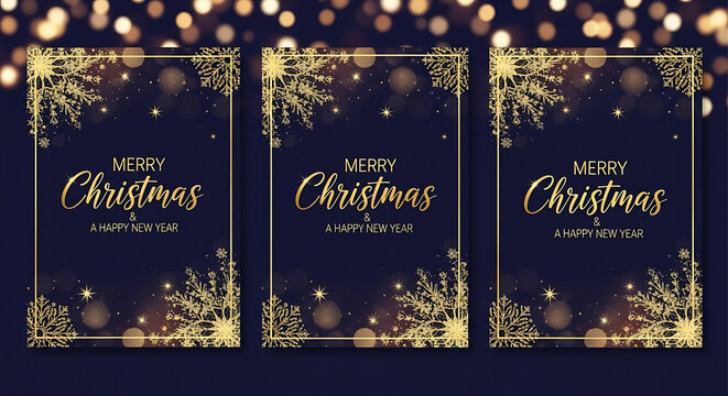 Three dark blue Christmas cards with gold snowflakes and bokeh lights greeting holiday