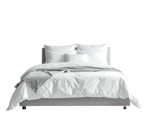 A gray bed frame featuring a fluffy, white comforter, multiple pillows, and a gray throw blanket