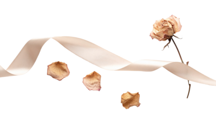 Elegant dried rose with delicate ribbon and fallen petals evokes a poignant sense of beauty and remembrance