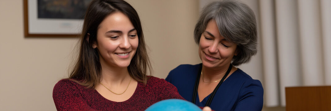 Two women share a joyous interaction while examining a globe, symbolizing friendship, collaboration, and the joy of discovery, enriching their connection through exploration.