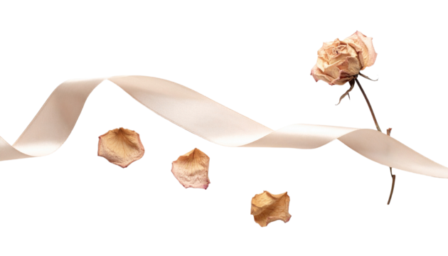 Elegant dried rose with delicate ribbon and fallen petals evokes a poignant sense of beauty and remembrance