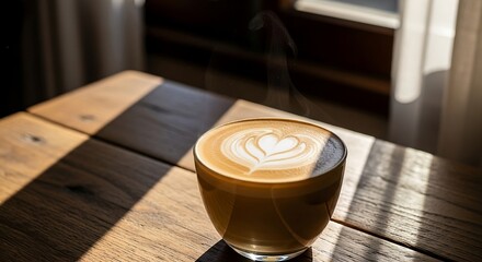 Hot latte with heart foam in a glass cup on a wooden table, warm sunlight, cozy morning vibe