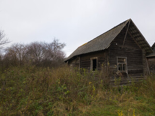 Abandoned wooden house surrounded by overgrown grass and trees  