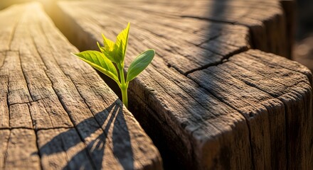 A tiny green plant successfully growing in a crack on an old wooden tree stump bathed in sunlight. Concept of resilience, survival, new life, and environmental renewal.