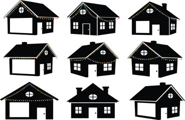 Nine festive house silhouettes decorated with colorful string lights, holiday architecture vector design for logo, branding, Christmas, winter celebration illustration