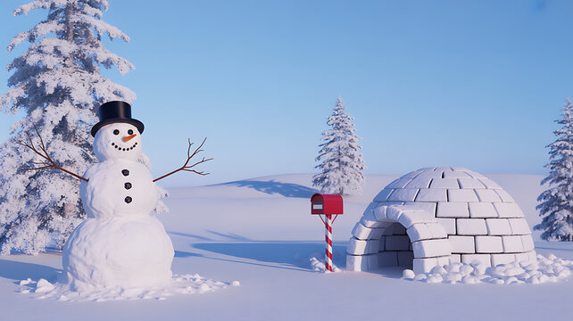 Happy snowman standing next to an igloo in a snowy winter landscape
