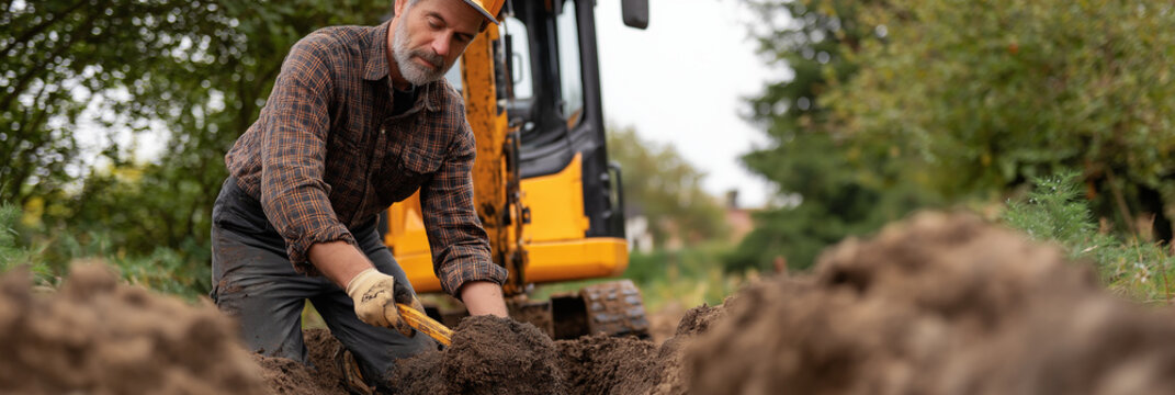 A diligent construction worker, wearing a hard hat and gloves, digs into an earth mound, showcasing teamwork and the importance of labor in infrastructure development.