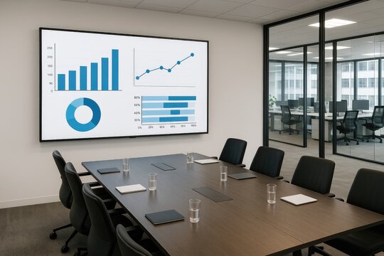 Modern meeting room with data charts on screen and corporate office workspace view, business analytics, teamwork