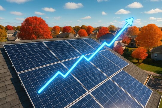 Solar panel energy growth in autumn neighborhood, renewable power savings, clean energy investment