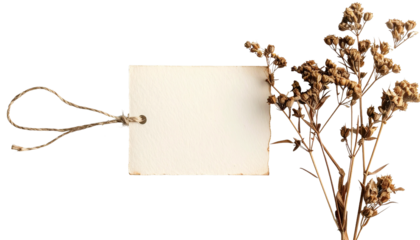 Rustic paper tag with twine and dried wildflowers, perfect for natural product branding and vintage design projects