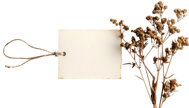 Rustic paper tag with twine and dried wildflowers, perfect for natural product branding and vintage design projects