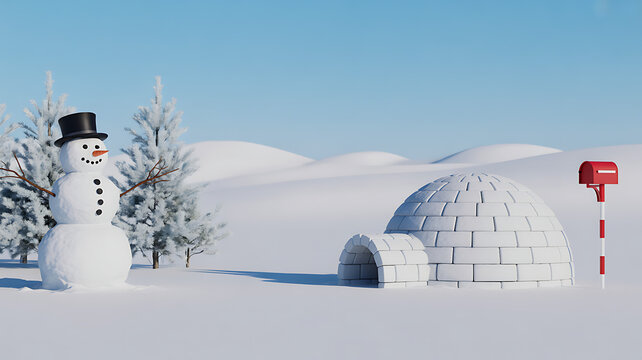 Snowman and igloo in a winter wonderland with snow covered trees