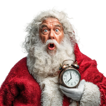 Shocked Santa Claus holding alarm clock, realizing Christmas is almost here!