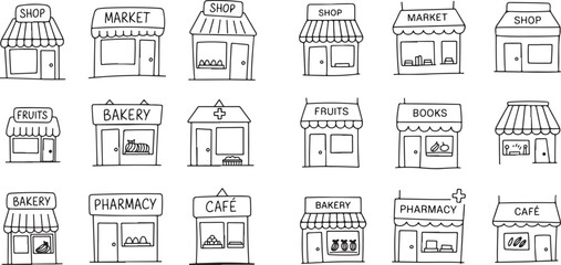 Hand Drawn Shop Building Facades Market Storefront Retail Frontage Illustration