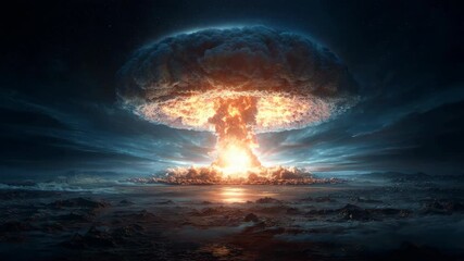 Massive explosion illuminates night sky over ocean landscape - Powered by Adobe