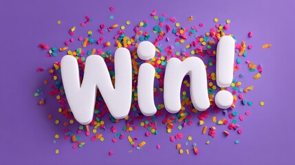 3D white "Win!" text on purple background, surrounded by colorful confetti