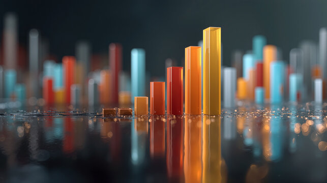 Colorful bar graph displaying data trends on a reflective glass surface