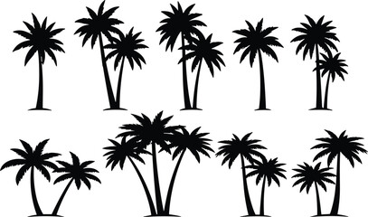 Palm tree silhouettes collection, tropical beach landscape, exotic island nature, summer vacation background, black vector illustration, paradise scenery design