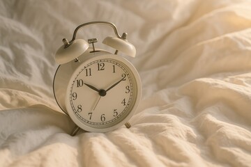 Retro alarm clock on rumpled sheets gentle morning light, alarm clock, wake up, time