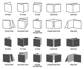 Types of Brochure Folds black line icon set. Types of Brochures Fold paper, Half, Bi-fold, Single, Z Fold, Tri Fold, Double Parallel, Accordion, French, Quarter, gate, roll, map. Vector Illustration.