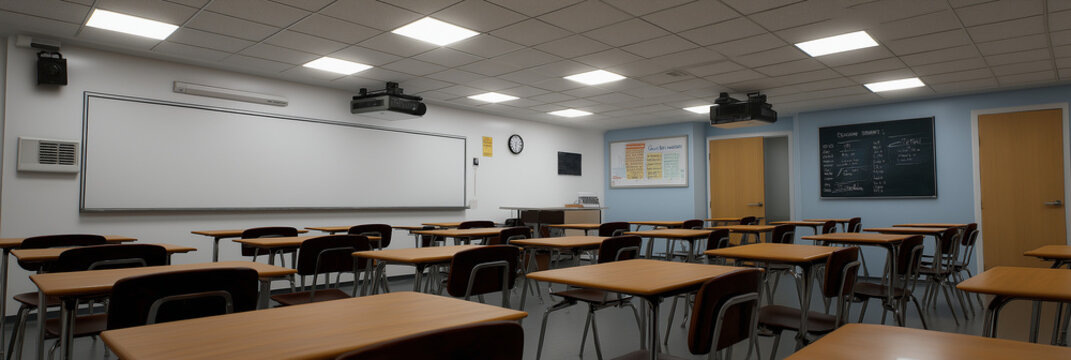 A contemporary classroom with rows of empty desks facing a whiteboard and blackboard, designed to inspire learning and creativity among students in a vibrant educational environment. - Powered by Adobe