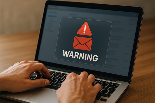 Email warning alert on laptop screen, online security threat detected