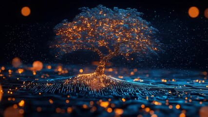 Glowing tree with circuit roots in a starry, dark, abstract landscape - Powered by Adobe