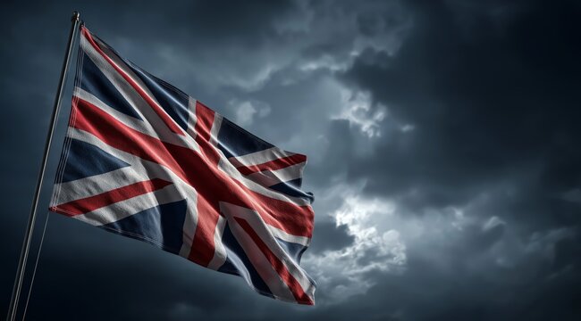 The British flag flutters against a blue sky with white clouds. Generative AI