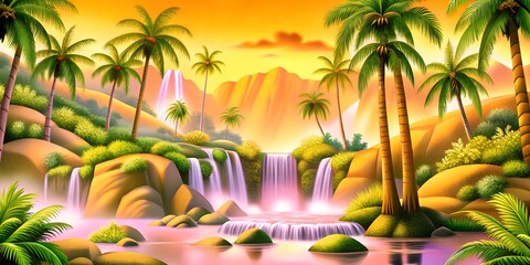 Lush tropical paradise with cascading waterfalls, palm trees, and vibrant foliage in a serene landscape