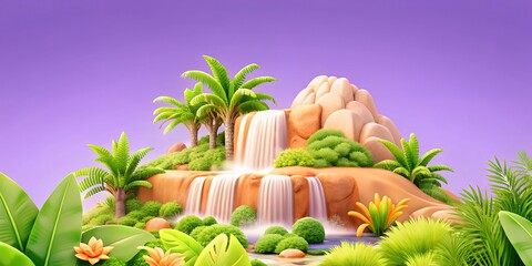 Tropical waterfall cascading down a rocky cliff surrounded by lush greenery and palm trees