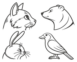 Cute cartoon animal heads and bird illustration