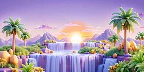 Enchanting tropical landscape with cascading waterfalls, lush greenery, and majestic mountains at sunset