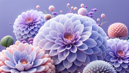 A beautiful arrangement of pastel colored dahlia flowers in full bloom, creating a soft and dreamy floral scene