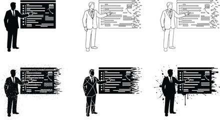 Business presentation board styles, pointing silhouette variations, artistic interface layouts, vector set, editable stroke, professional concept, black and white design