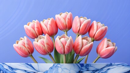 Beautiful bouquet of pink tulips on a marble surface against a blue background creates a serene atmosphere