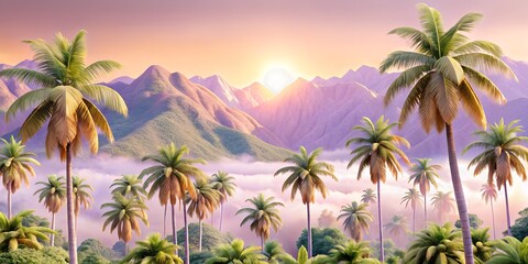 Tropical paradise with palm trees and mountains at sunset, a serene and vibrant landscape