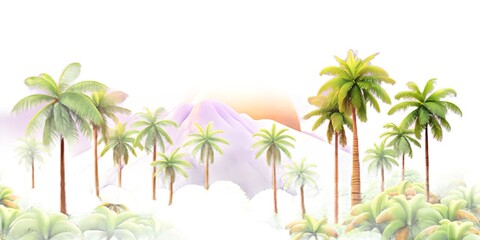 Tropical paradise with palm trees and a mountain backdrop isolated on white background
